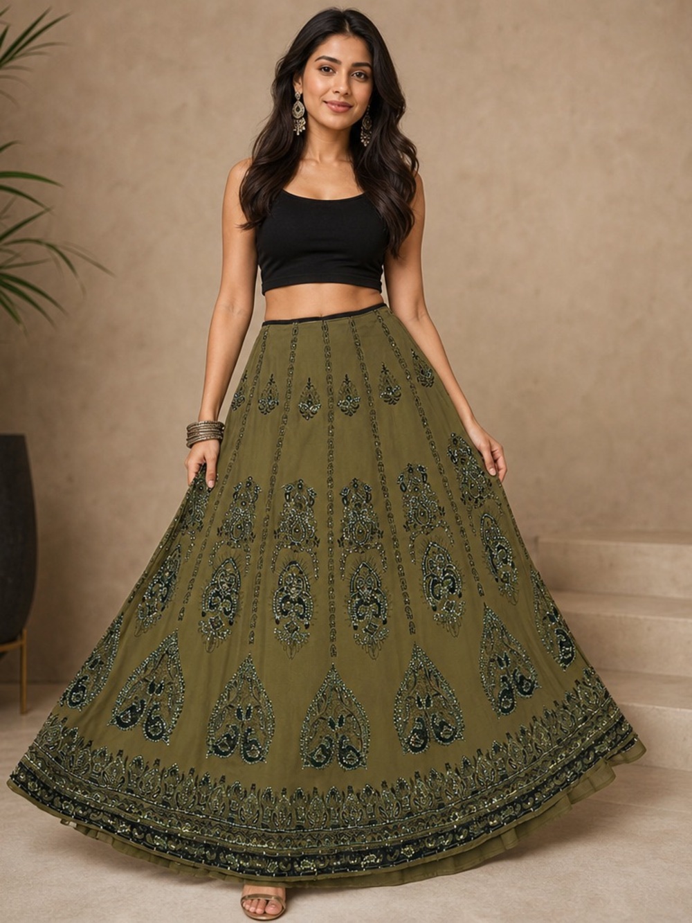 Soft Surroundings Olive Green Long Beaded Full Skirt